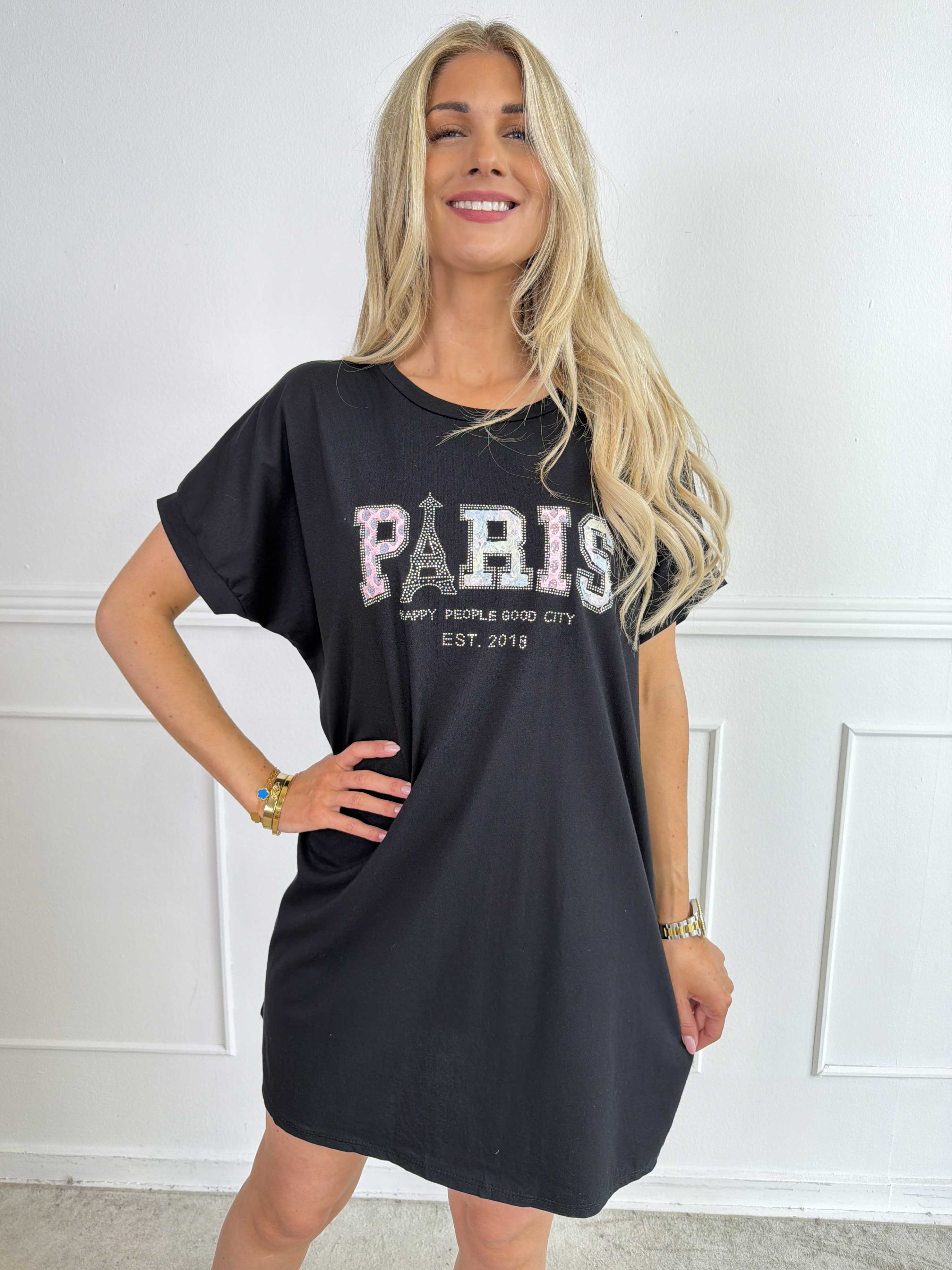 Milla - Plus size t-shirtkjole i bomuld med Paris stående med similisten